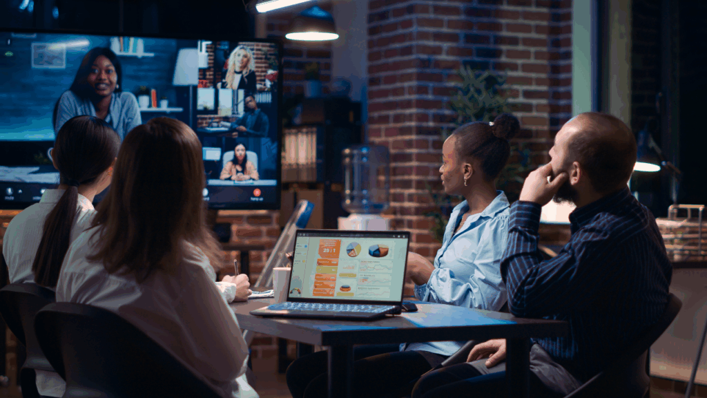 Remote global team collaborating through online platforms